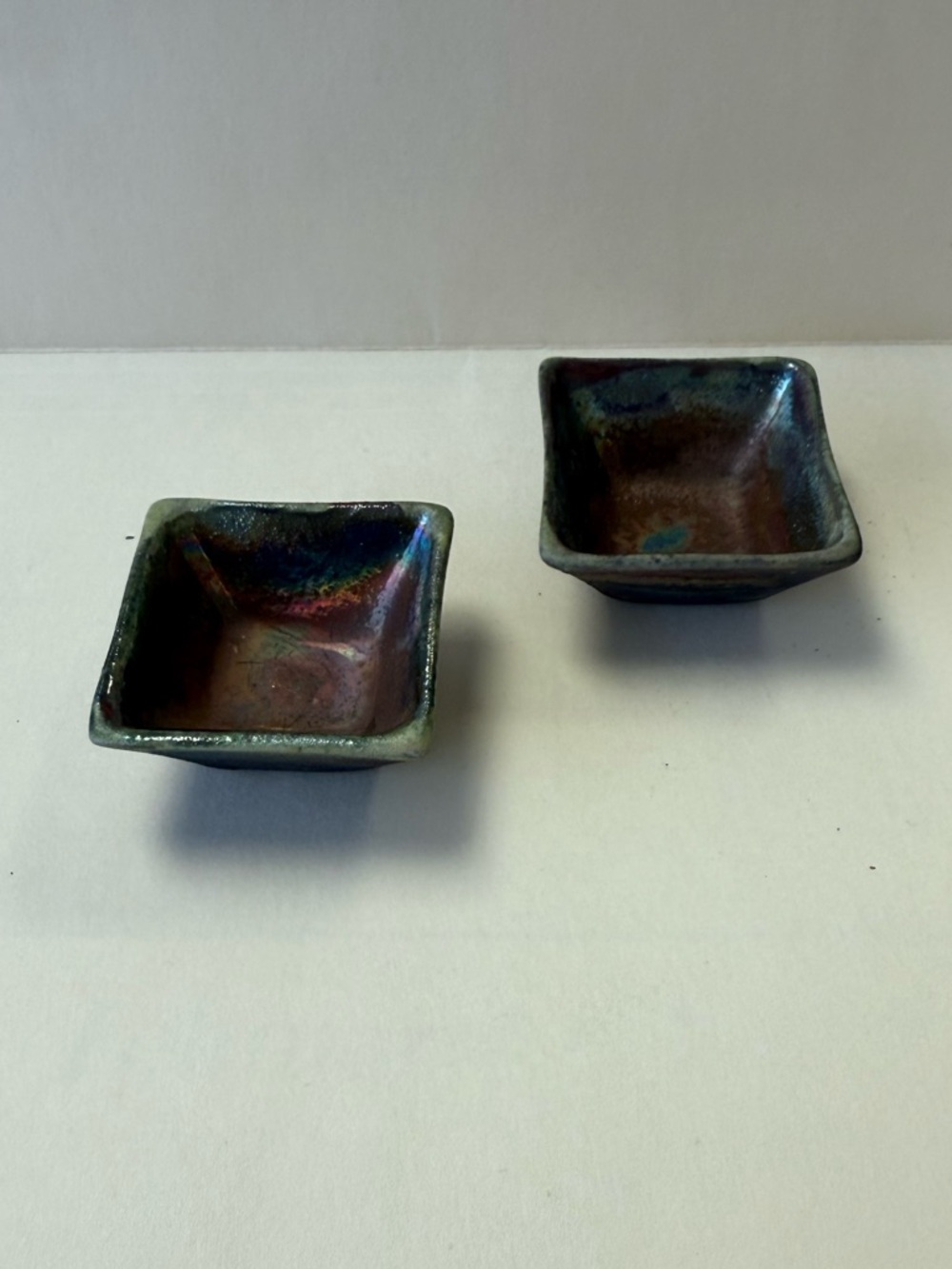 Set of 2 Handmade Unique Iridescent Glazed Mini Square Ceramic Dishes.